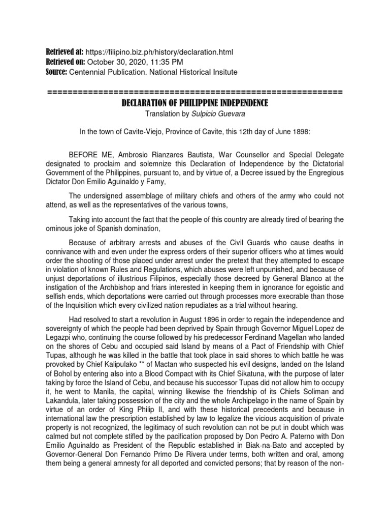 Philippine Independence Declaration 1898 | PDF | Philippines