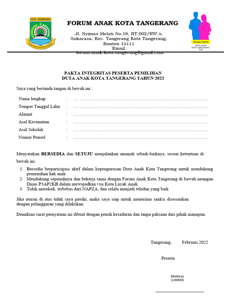 Pakta Integritas Duta Anak Tangerang | PDF