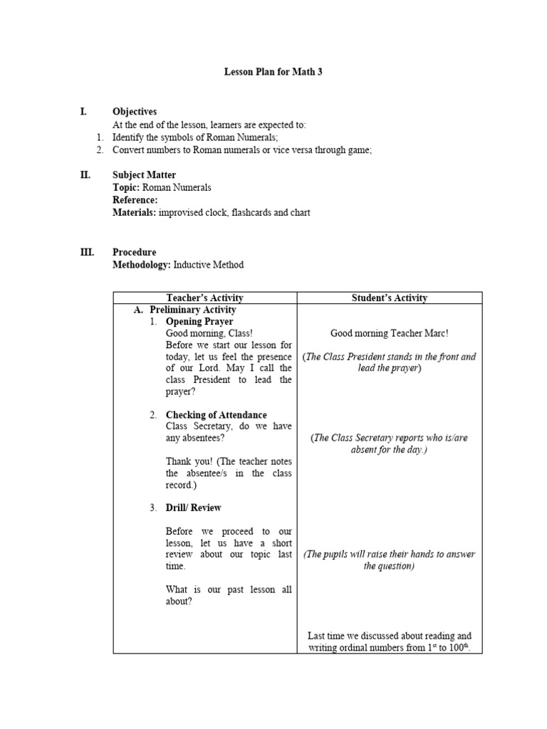 Roman Numerals Lesson Plan for Grade 3 | PDF | Lesson Plan | Teachers