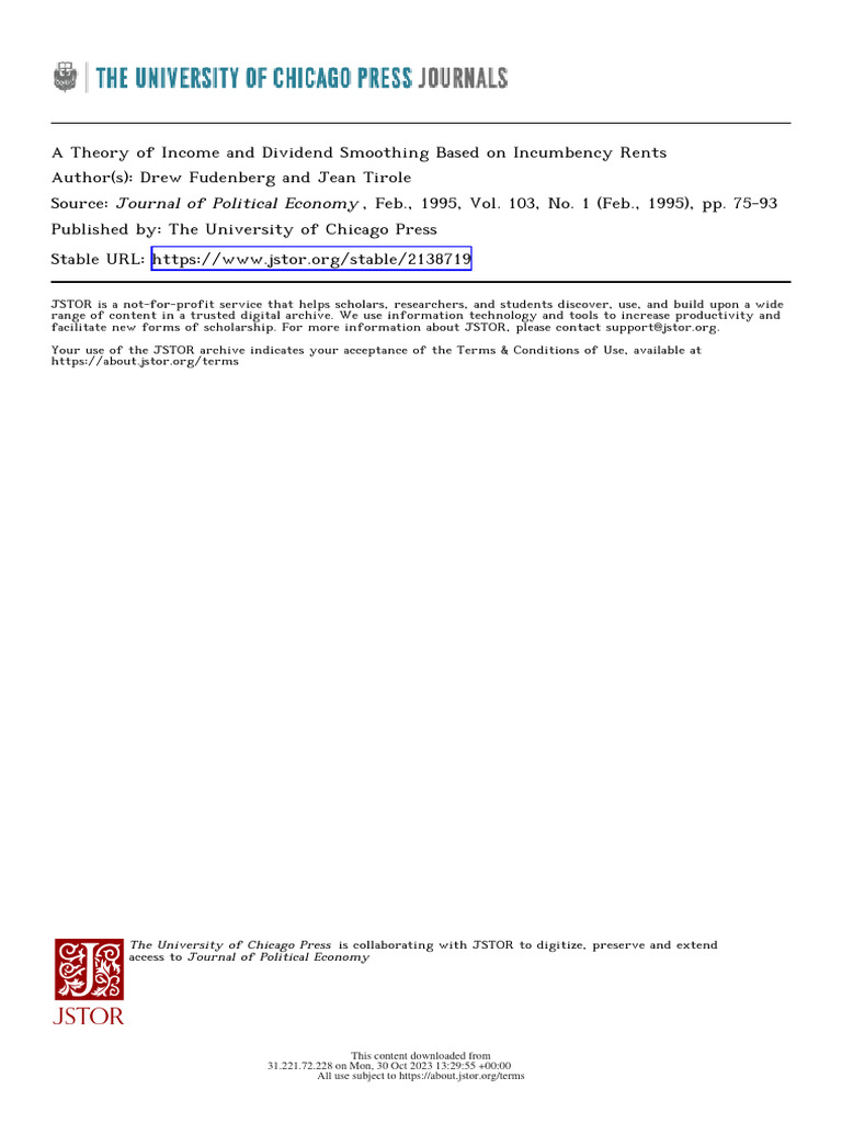 Fudenberg tirole jpe 1995 a theory of income and dividend smoothing