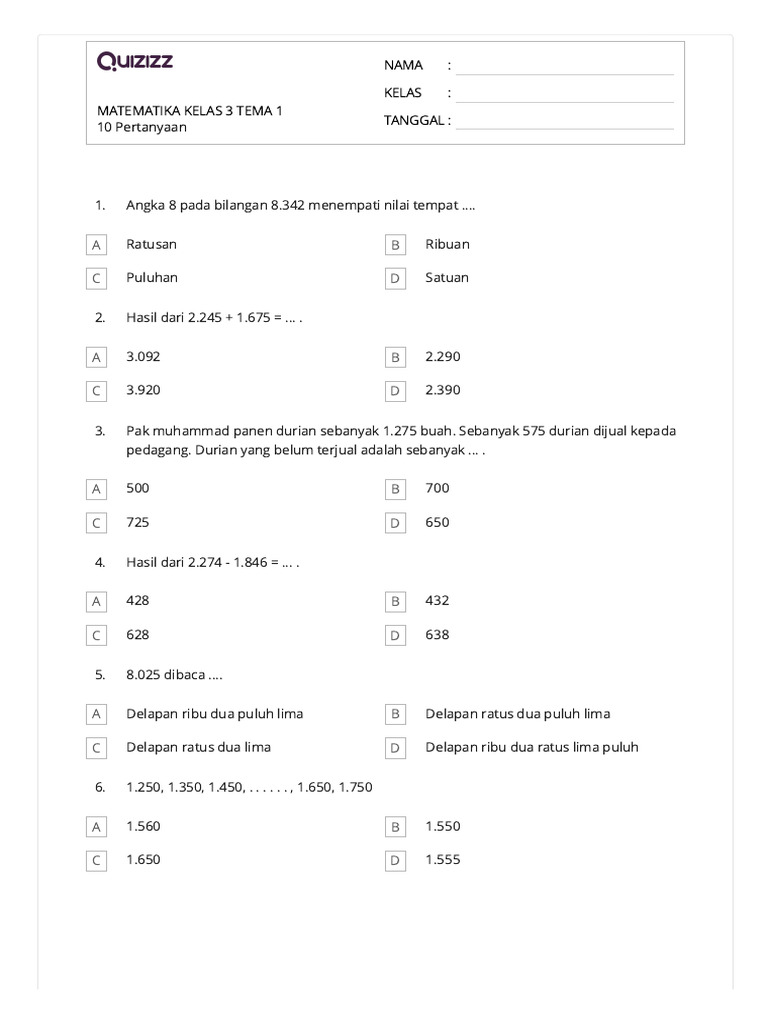 Matematika Kelas 3 Tema 1 | PDF