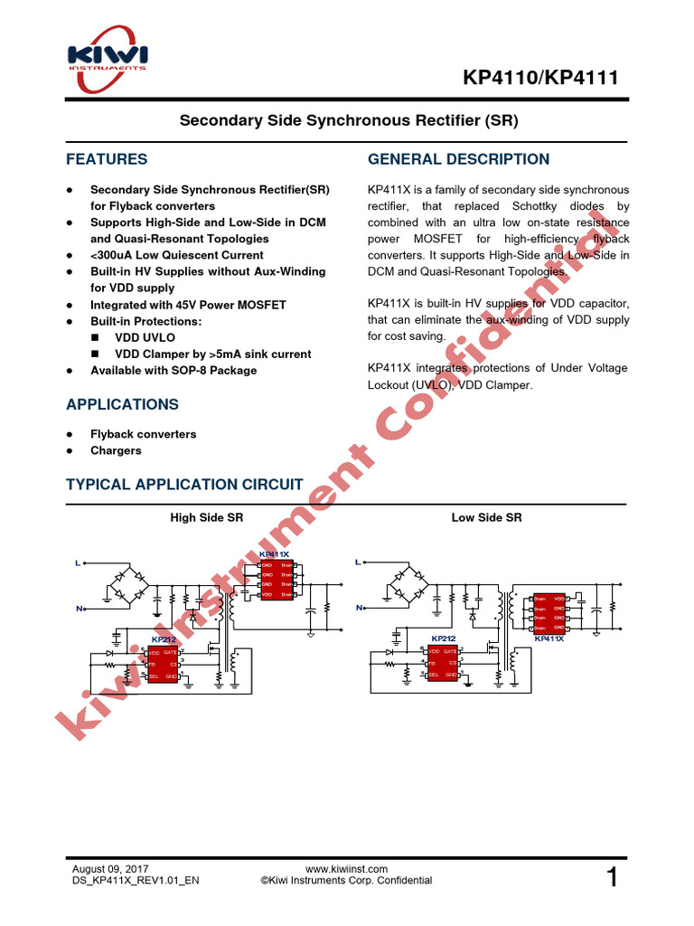 KP4110/KP4111 Synchronous Rectifier Datasheet | PDF | Rectifier | Mosfet