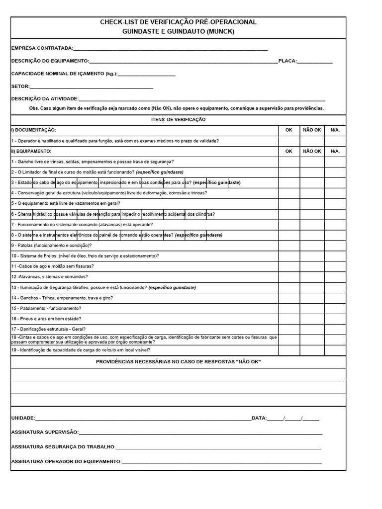Check-List de Verificação Pré Operacional Munck | PDF | Guindaste (máquina)