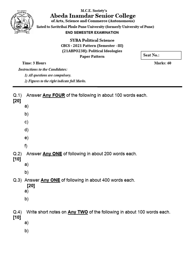 Political ideologies paper pattern important question pdf