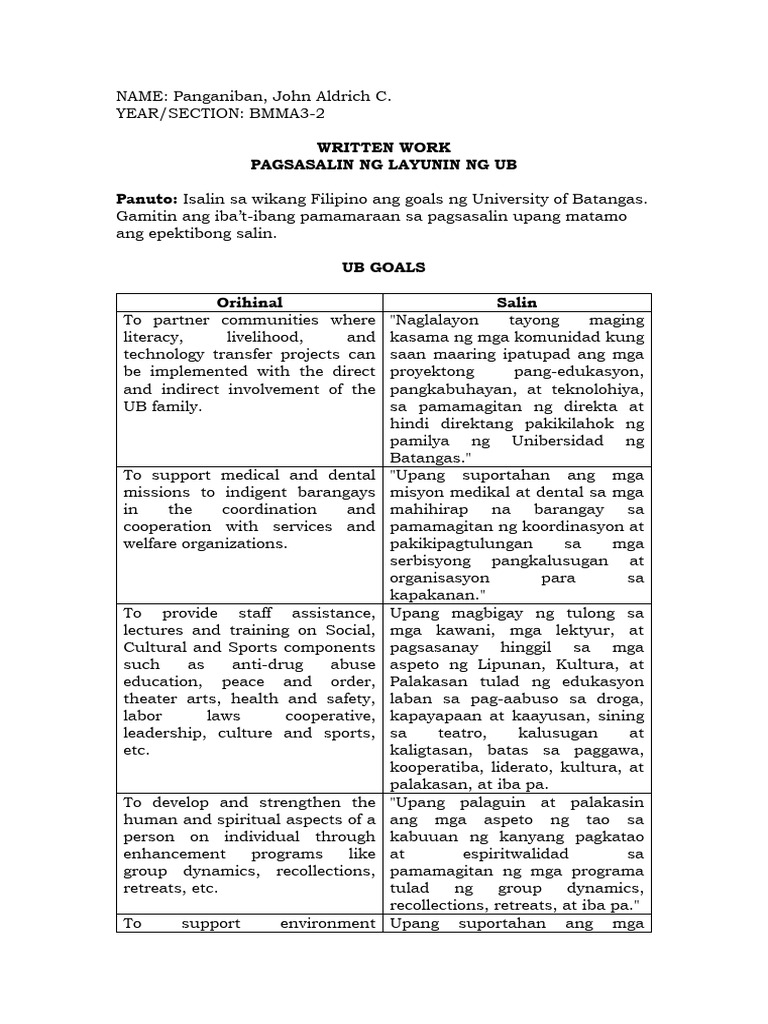 Bmma3 1 - Pagsasalin NG Layunin NG Ub | PDF