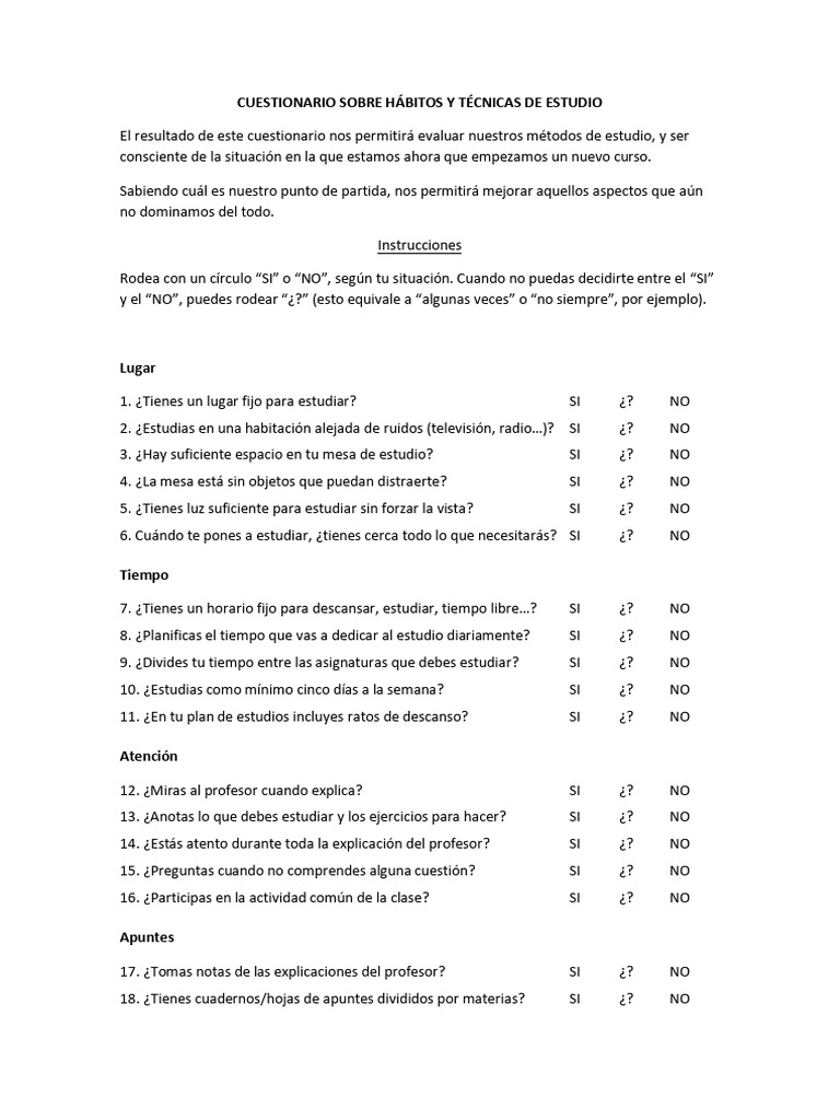 Cuestionario de Hábitos de Estudio | PDF | Crecimiento personal y ...