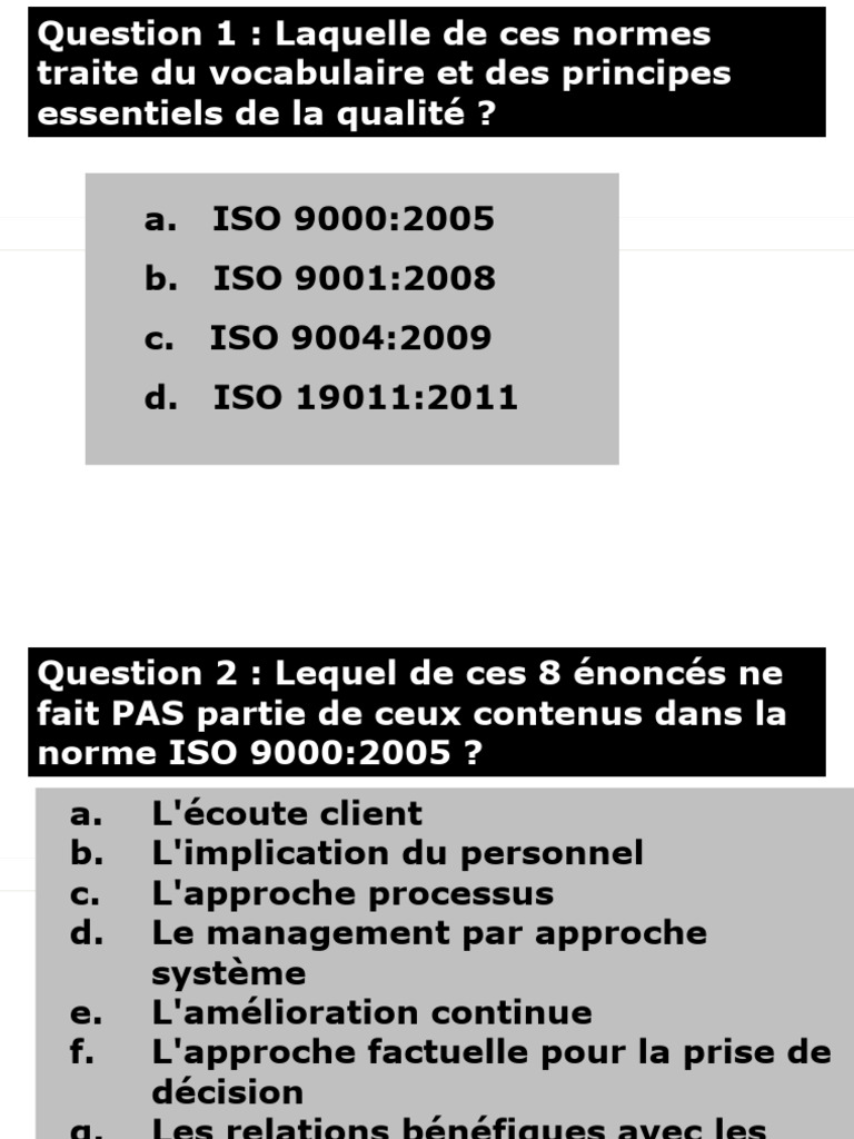 Quiz sur les normes ISO 9000 et 9001 | PDF | Management de la qualité ...