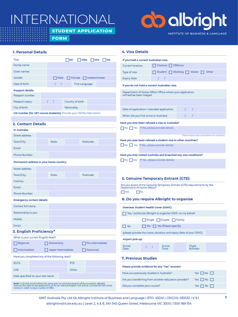 Albright New Application Form PDF Vocational Education Travel Visa