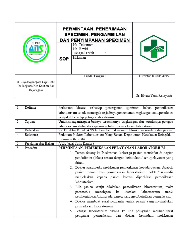 Sop Permintaan Penerimaan Specimen Pengambilan Dan Penyimpanan Specimen