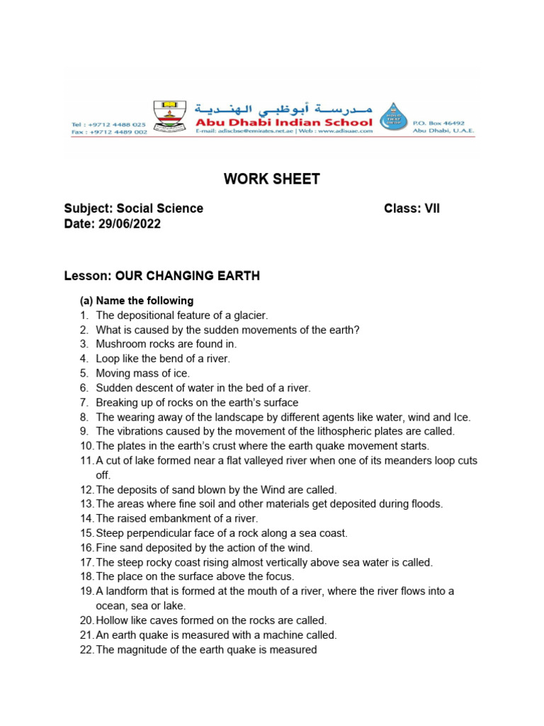 Class 7 Worksheet: Our Changing Earth | PDF | Earthquakes | Earth