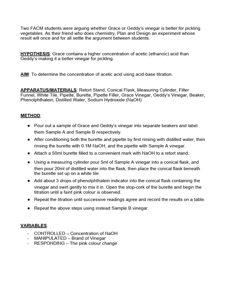 Vinegar Planning and Design Lab PDF Titration Chemistry