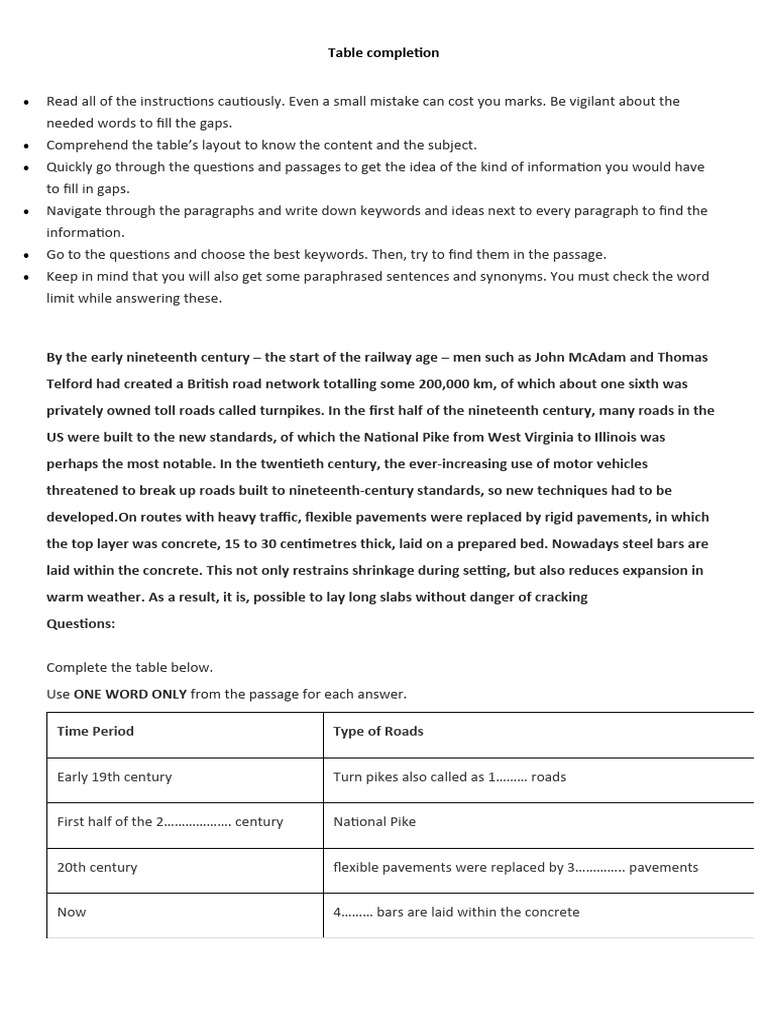 Table Completion Strategies and Historical Insights | PDF