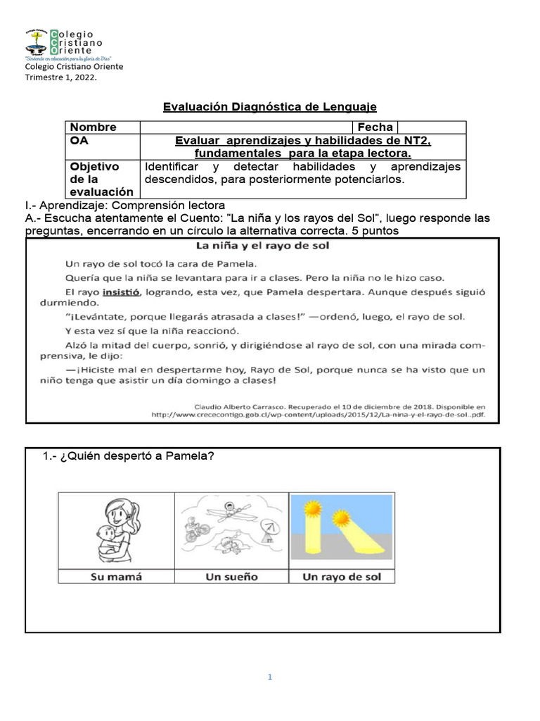Evaluación Diagnóstica de Lenguaje 01 | PDF | Artes del lenguaje y ...