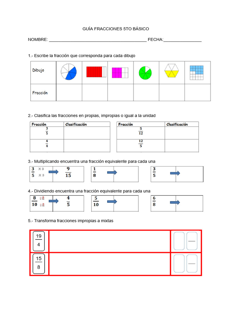 Guía de Fracciones 5to Básico | PDF | Métodos y materiales de enseñanza