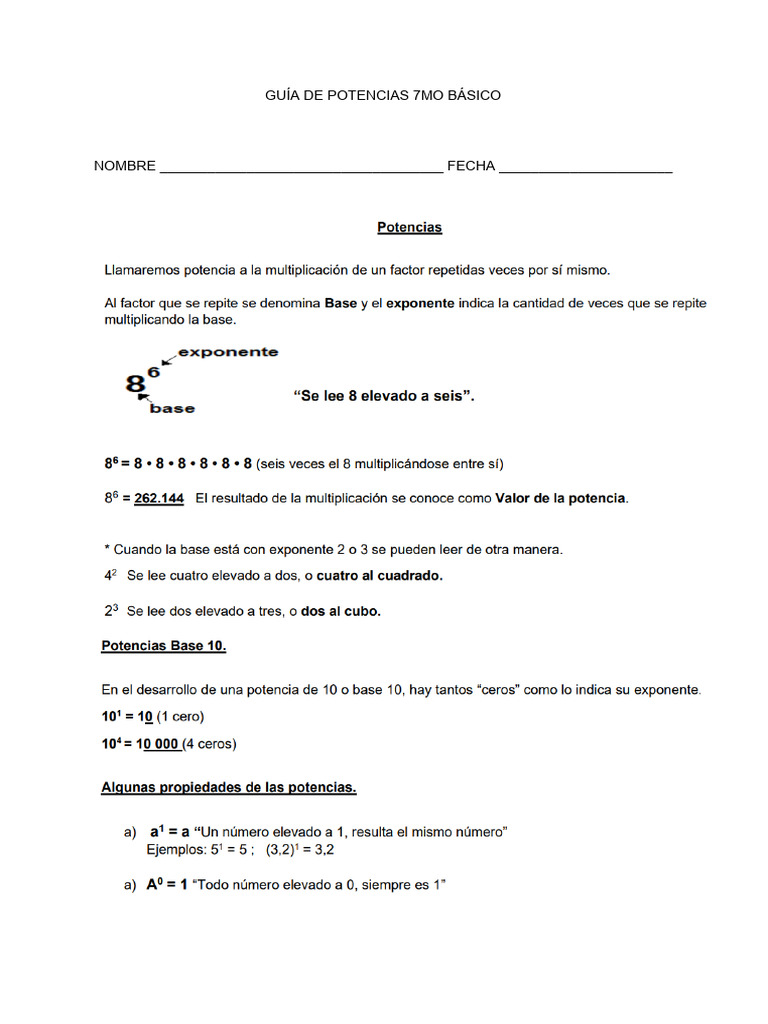 Guía De Potencias 7mo Básico Pdf