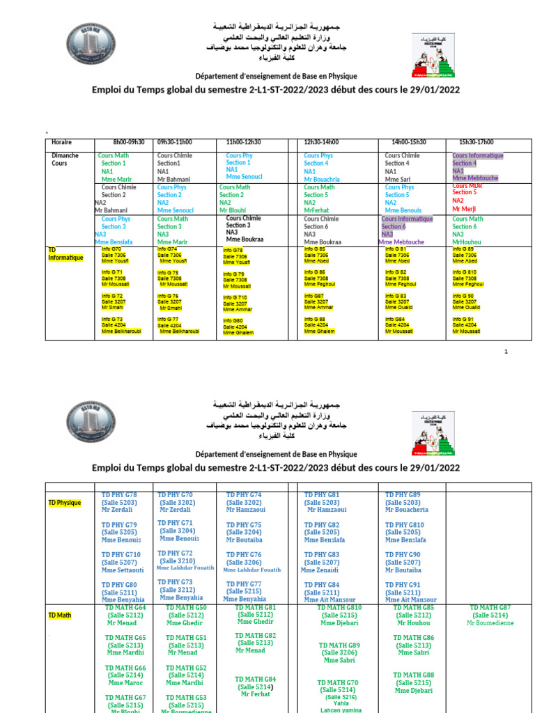 Emploi du Temps Semestre 2 L1-ST 2022/2023 | PDF | Sciences physiques ...