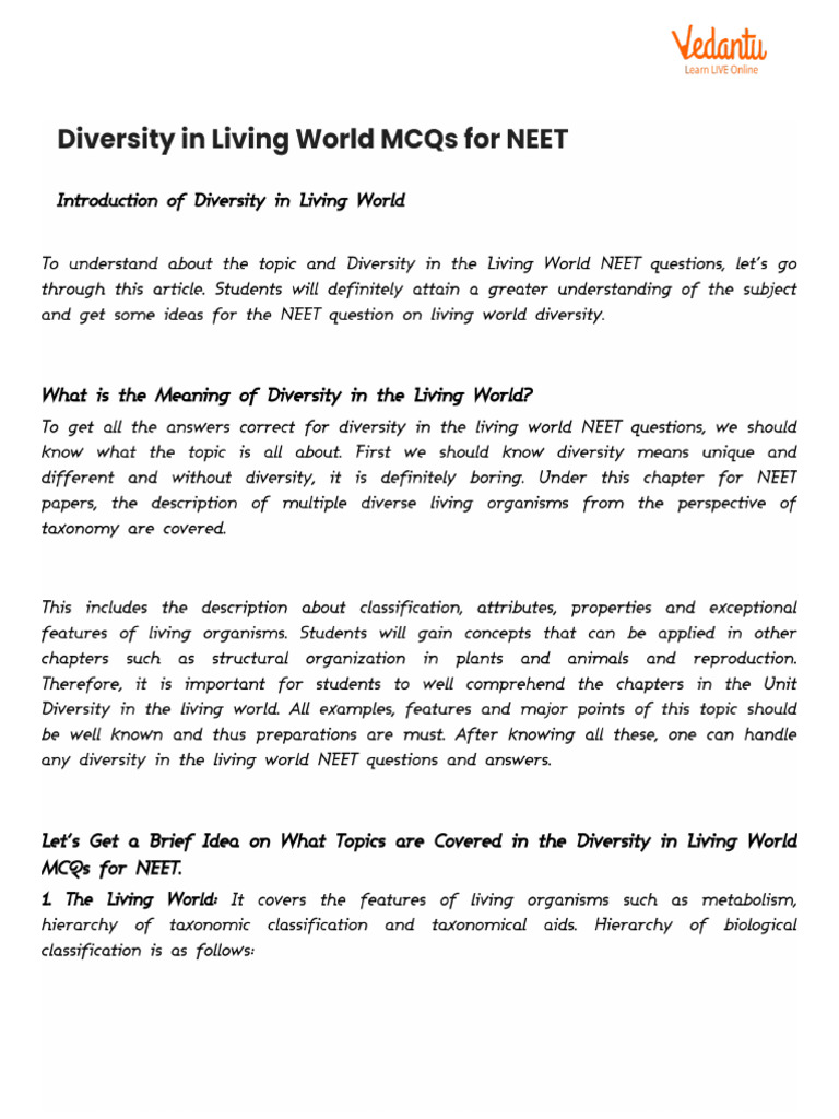 Diversity in Living World MCQs For NEET | PDF