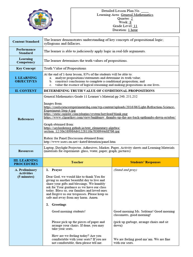 Lesson Plan COT - 091332 | PDF | Truth | Logic