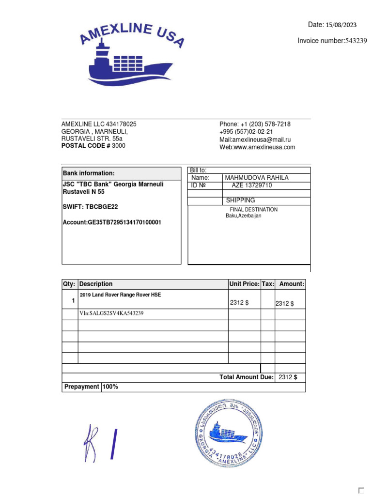 Invoice for 2019 Land Rover Sale | PDF