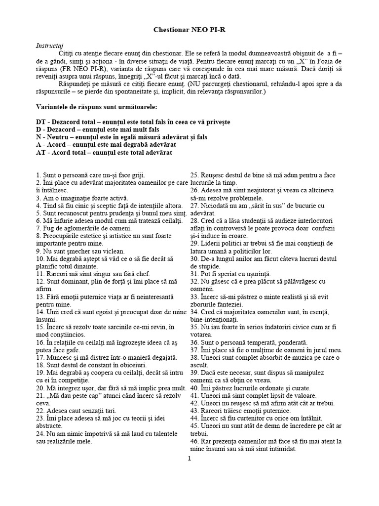 Chestionar NEO PI R | PDF