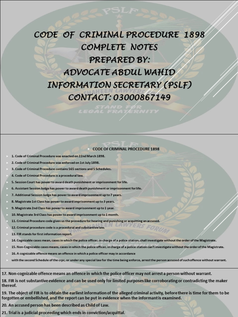Comprehensive Notes on CRPC 1898 | PDF | Bail | Criminal Procedure In ...