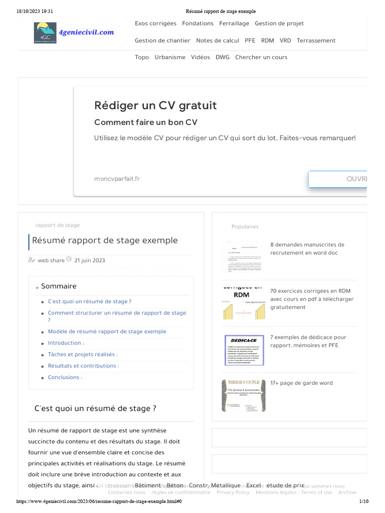 Exemple de résumé de rapport de stage | PDF | Béton armé | Ingénieur