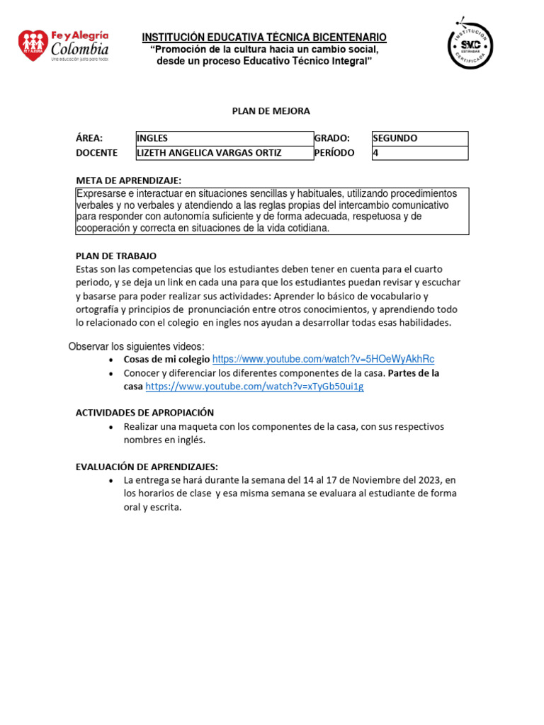 Plan de Mejora en Inglés para Segundo Grado | PDF