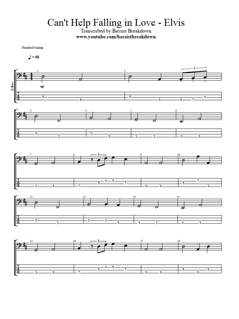 Can't Help Falling in Love Bass Tab PDF Musical Instruments Music