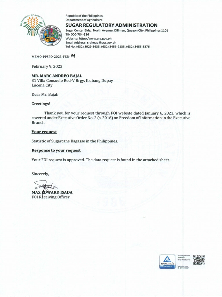 Response To FOI Request of Mr Bajal PDF Sugarcane Sustainable Energy