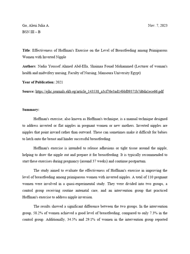 Hoffman's Technique SUmmary and Insights PDF Breastfeeding Nursing
