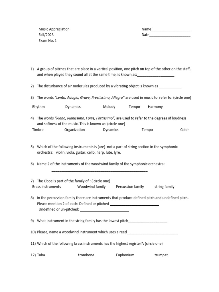 Exam No. 1 Fall PDF Musical Instruments String Instruments