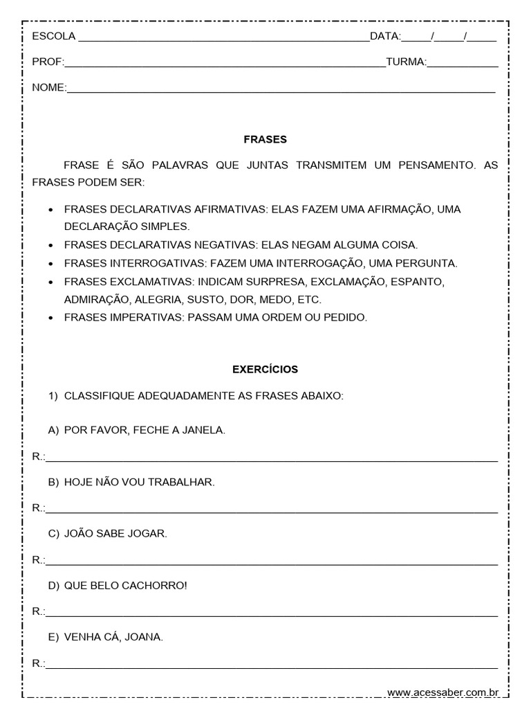 Atividades sobre Tipos de Frases 4º Ano | PDF | Carreira e Crescimento