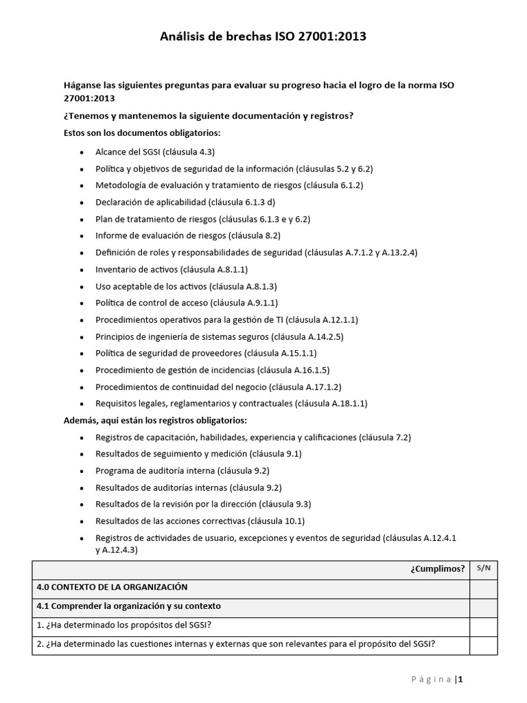 Análisis de brechas ISO 27001-2013 | PDF | Seguridad de información ...