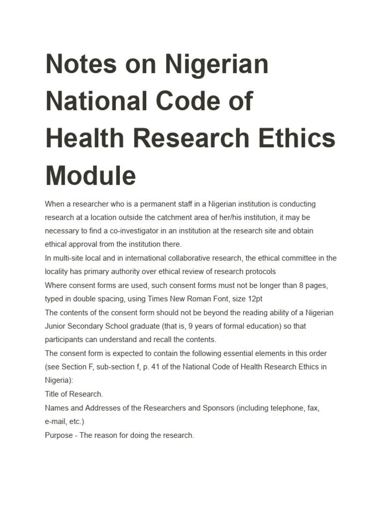 Notes On Nigerian National Code of Health Research Ethics Module | PDF ...