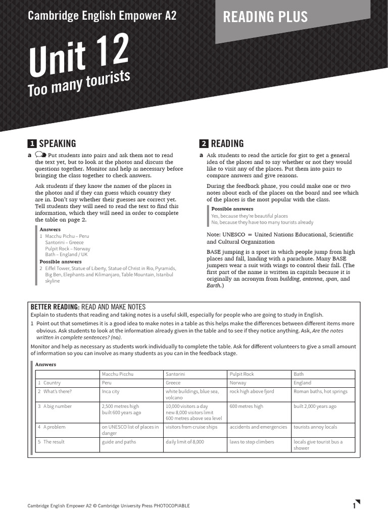 Cambridge English Empower Empower A2 Reading Plus Teacher U12 Worksheet ...