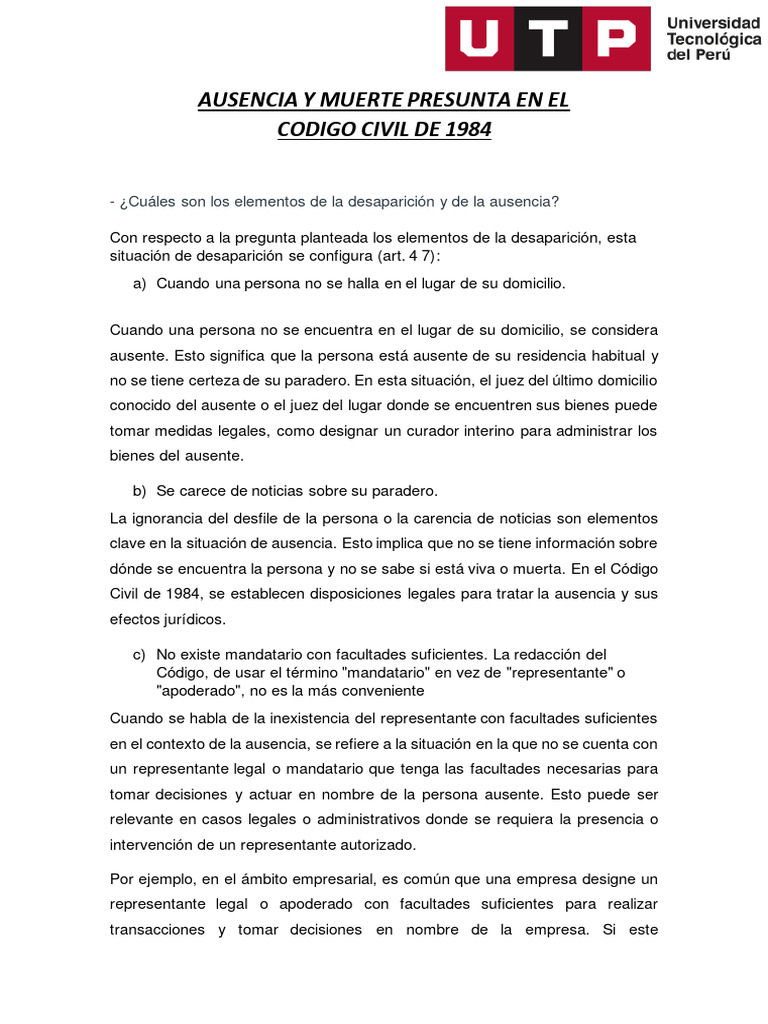Ausencia y Muerte Presunta en El | PDF | Bienes (Ley) | Institución