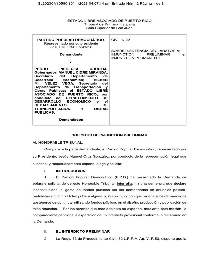 Solicitud de Injunction Preliminar | PDF | Puerto Rico | Gobierno