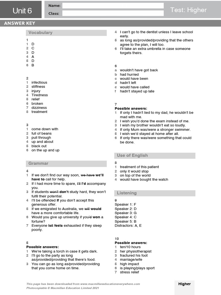 Gateway B2 Unit 6 Test Answers | PDF | Clinical Medicine