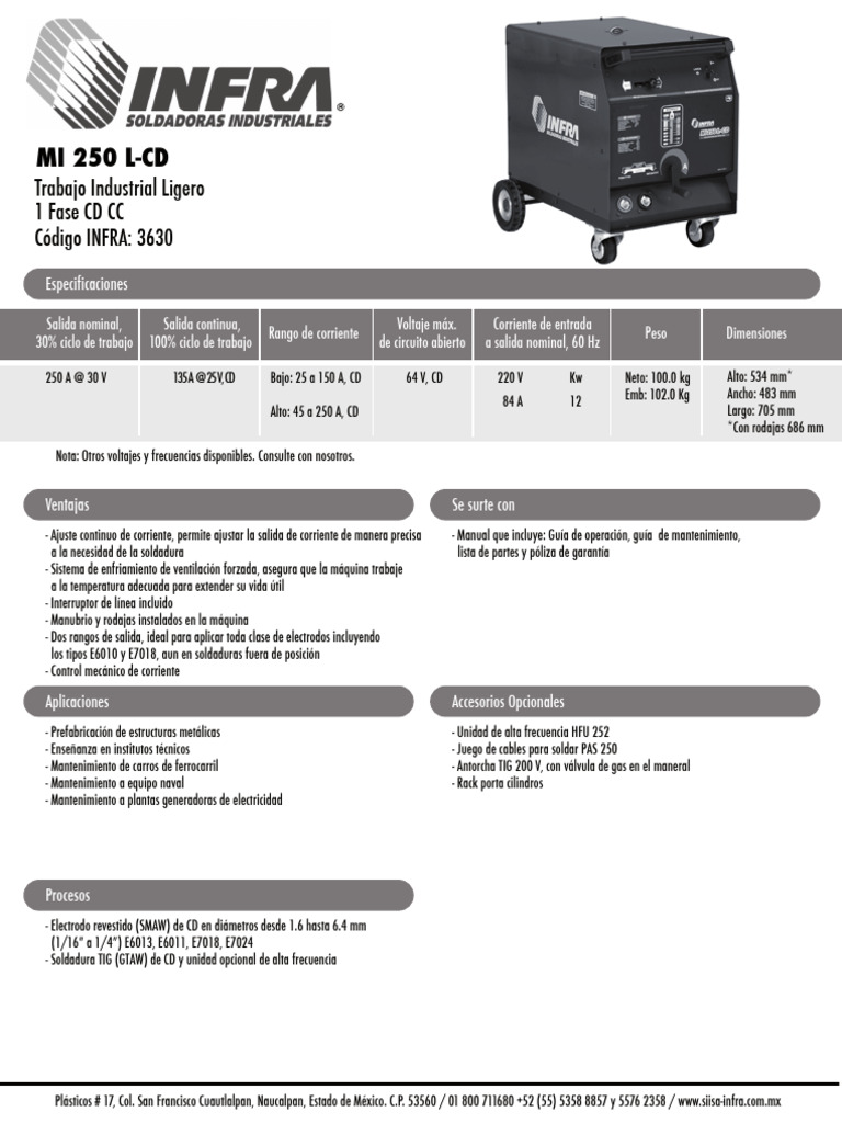 Soldadora Infra MI 250 L-CD: Especificaciones | PDF | Soldadura ...