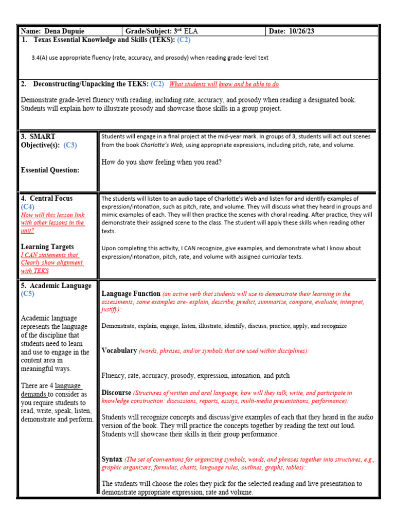 Lesson Plan Guide Ela Teks 3 | PDF | Learning | Vocabulary