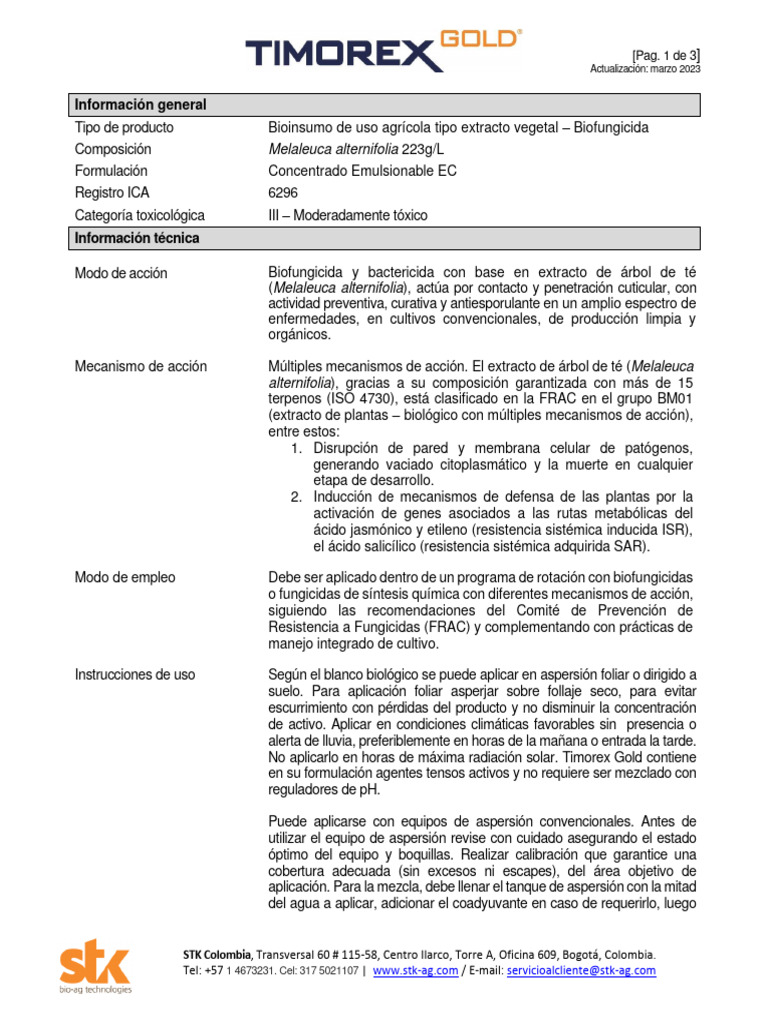 Biofungicida Timorex Gold 2023 | PDF | Agricultura | Plantas