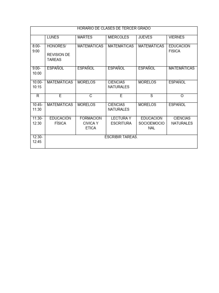 Horario de Clases de Tercer Grado PDF