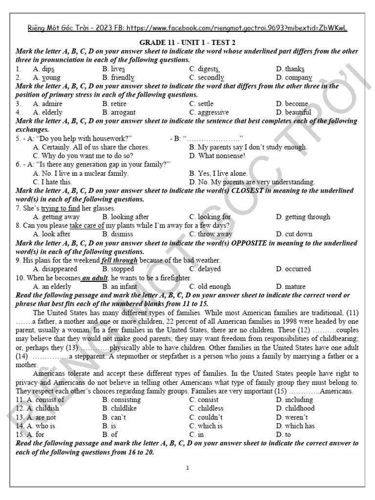 GRADE 11 - UNIT 1 - TEST 2 - ĐỀ | PDF | Stepfamily | Human Development