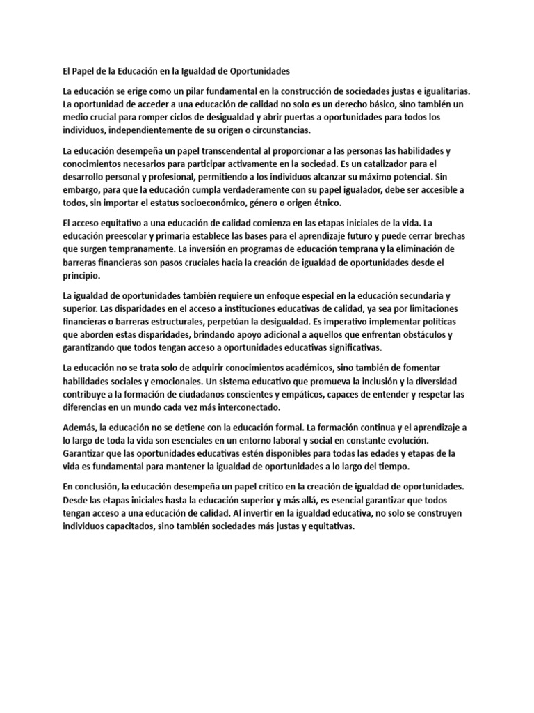 El Papel de La Educación en La Igualdad de Oportunidades | PDF ...