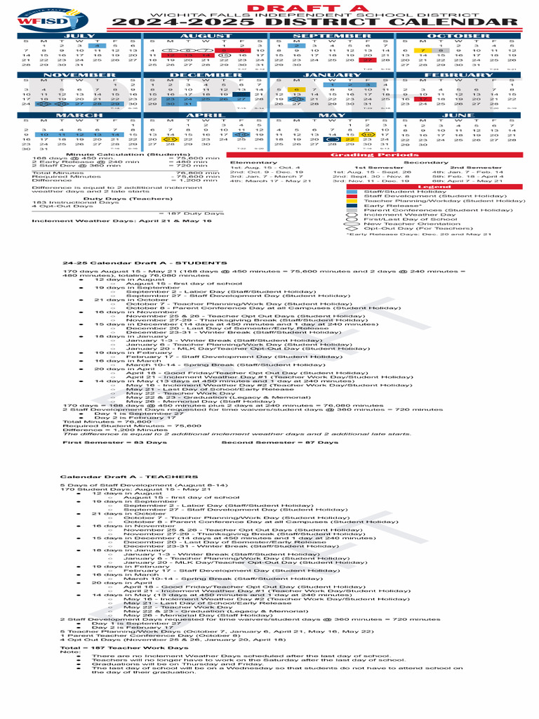 WFISD 2024-2025 Calendar Draft A and Explanation-1New PDF | PDF