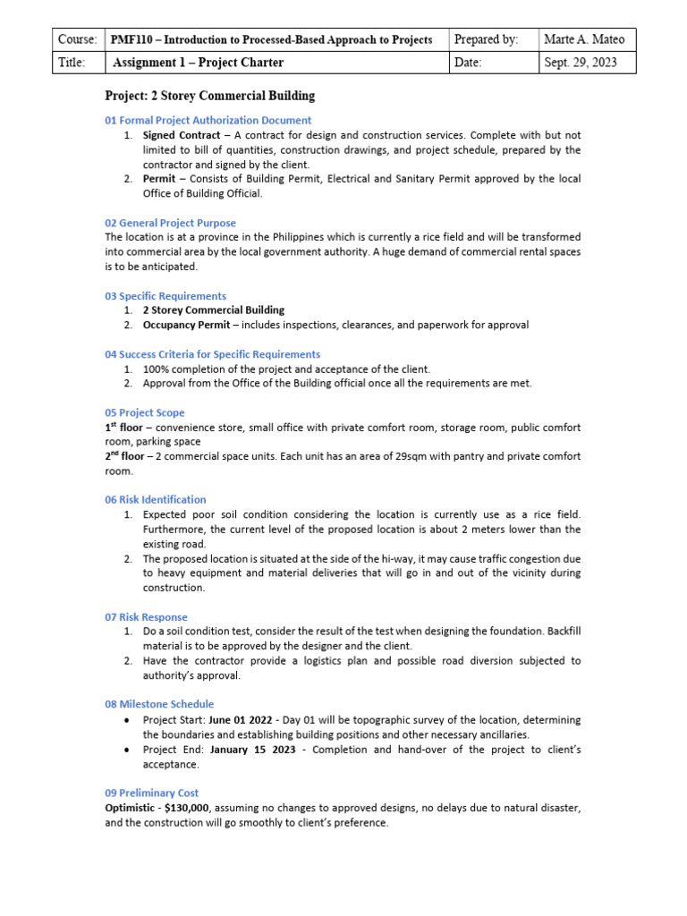 Assignment 01 - Project Charter | PDF | Business | Finance & Money ...
