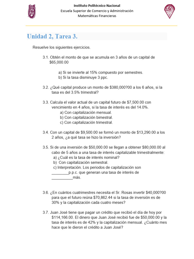 Unidad 2 Tarea 3 | PDF | Finanzas Matemáticas | Tasas de interés