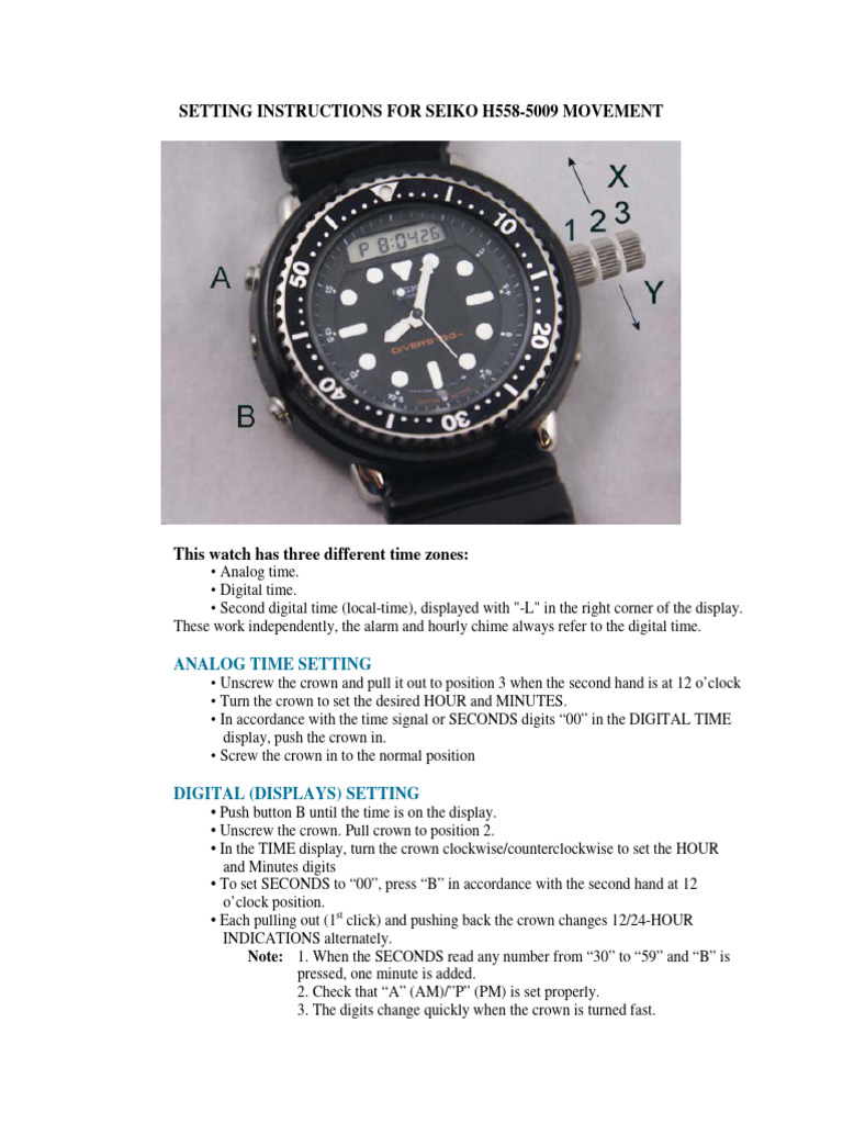 Seiko Arnie H5585009 Setting Instructions PDF Clock Equipment