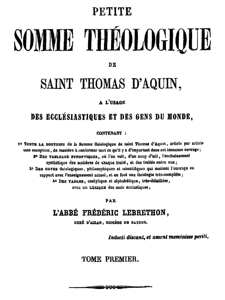 Petite Somme Théologique de Saint Thomas D Aquin (Tome 1) PDF