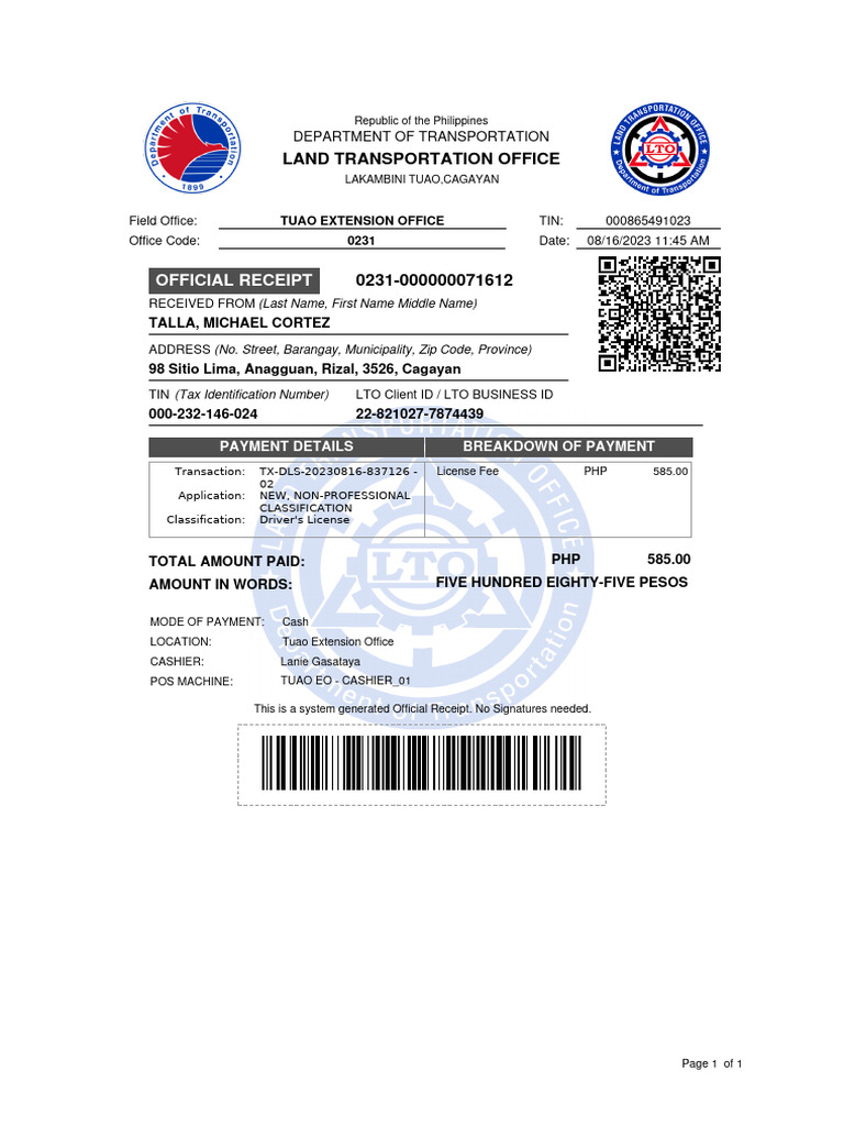 Driver's License Payment Receipt | PDF
